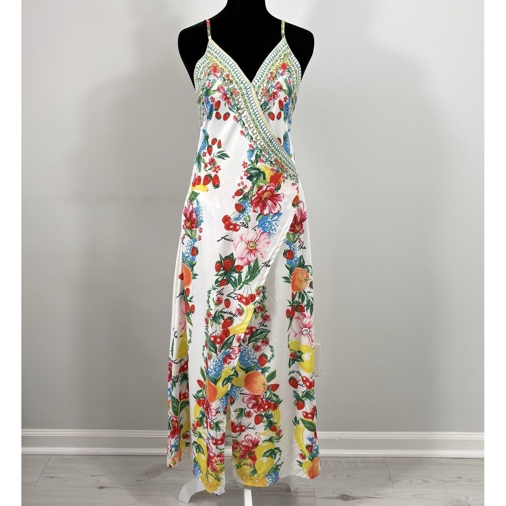 CBR Fruit & Floral Maxi Slip Dress M Boho Vacay Festival‎ Artsy Coastal Chic